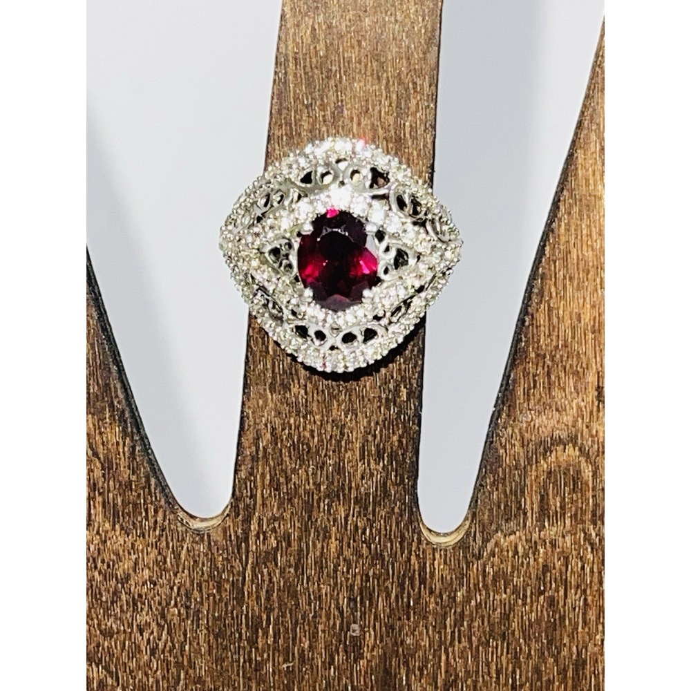 Filigree Ring 925 Vintage Sterling Silver Ruby Red Halo Oval Statement Ring 6
